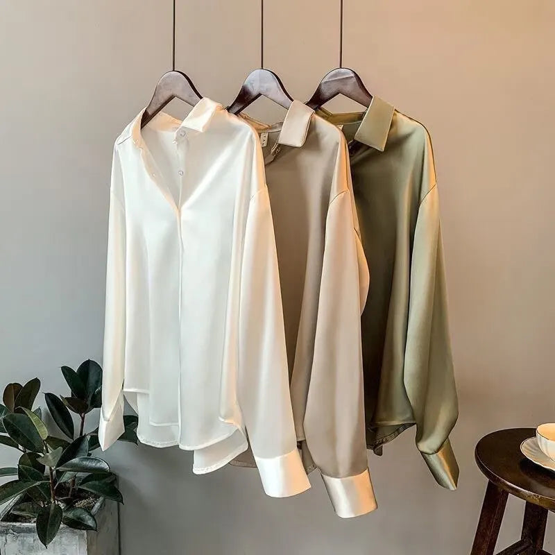 Vintage Silky Satin Blouse Long Sleeve Shirt