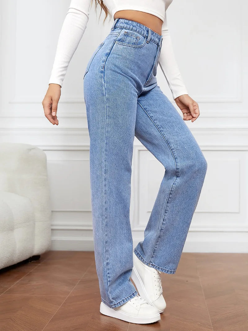 Women's Straight Leg Elastic Washed Denim Jeans
