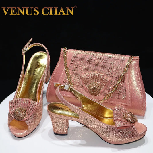 VENUS CHAN Thin High Heels Shows and Bag Set Decorated with Rhinestones in Multiple Colours