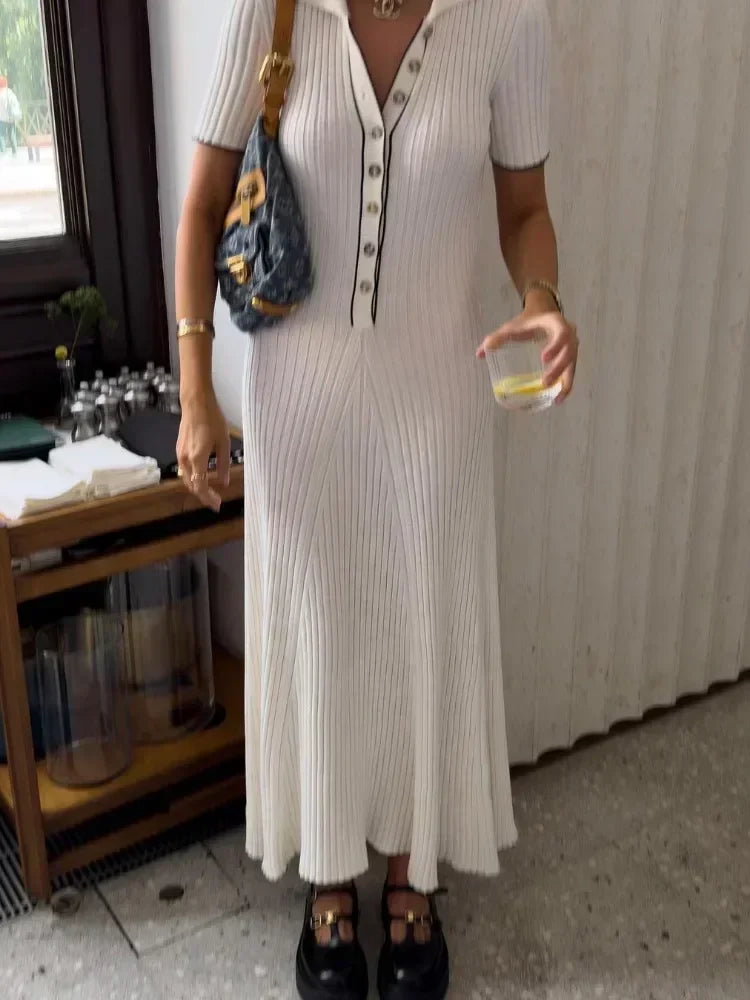 Woman's TOSSY White Knit Short Sleeve Elegant Party  Lapel High Waist Knitwear Maxi Dress