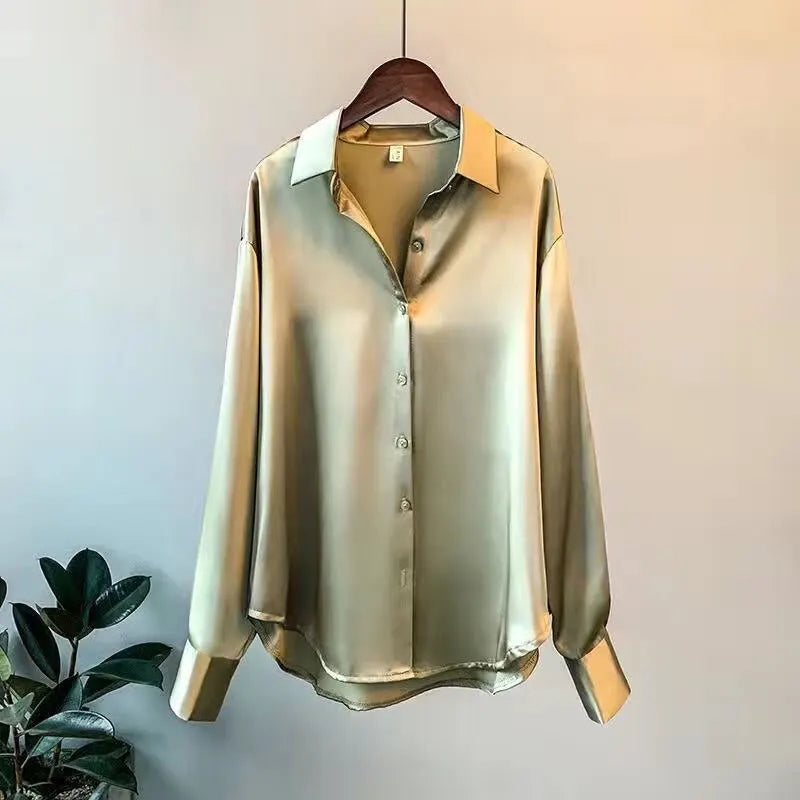 Vintage Silky Satin Blouse Long Sleeve Shirt