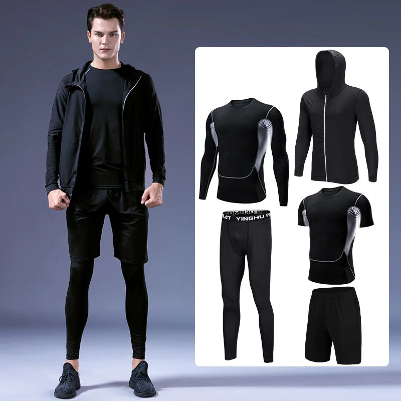 5 Pc Men's Sport Compression Under Track Suit with Hoody